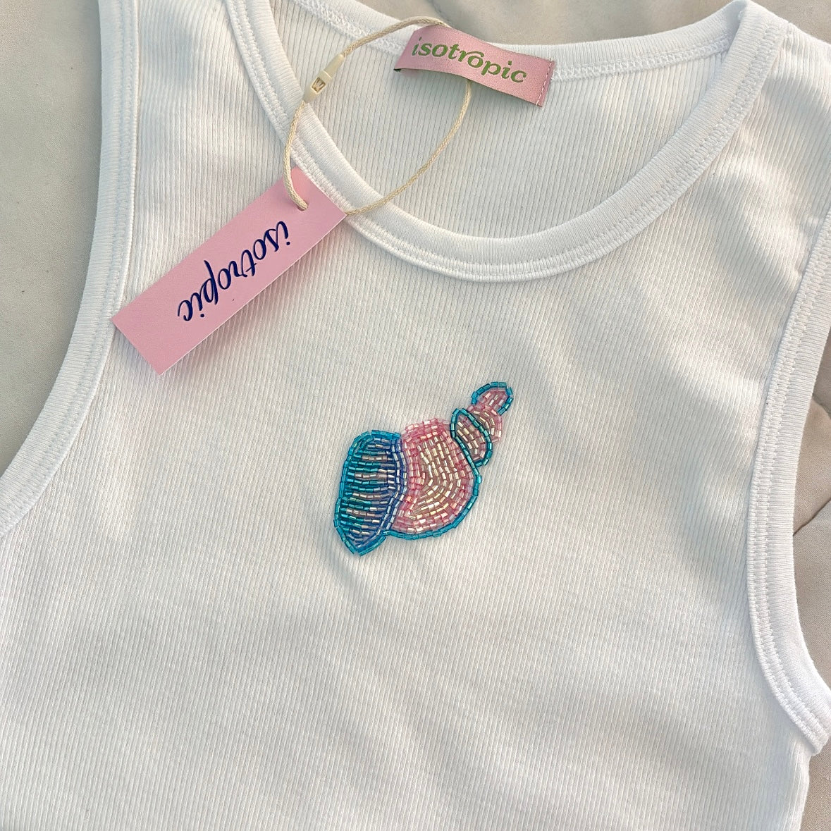 colourful shell beaded embroidery ribbed tank