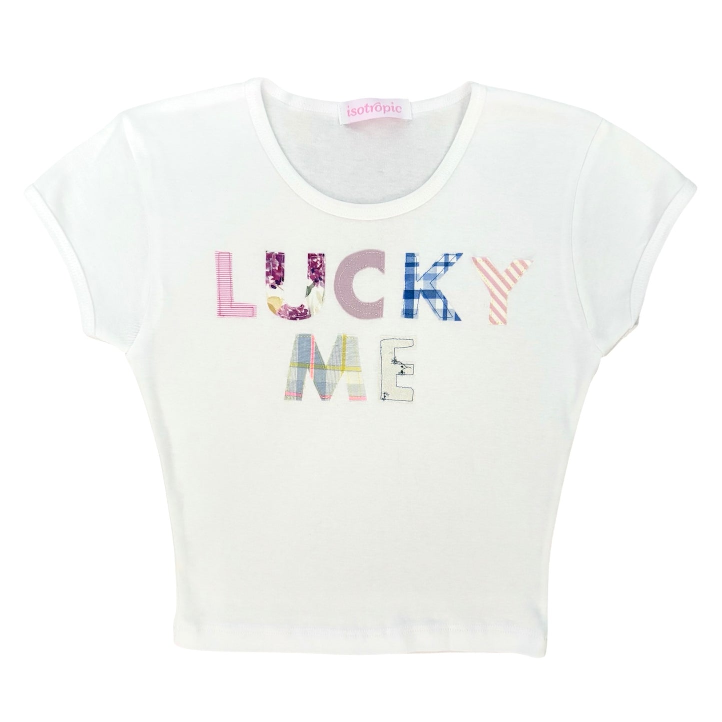 white lucky me patchwork baby tee
