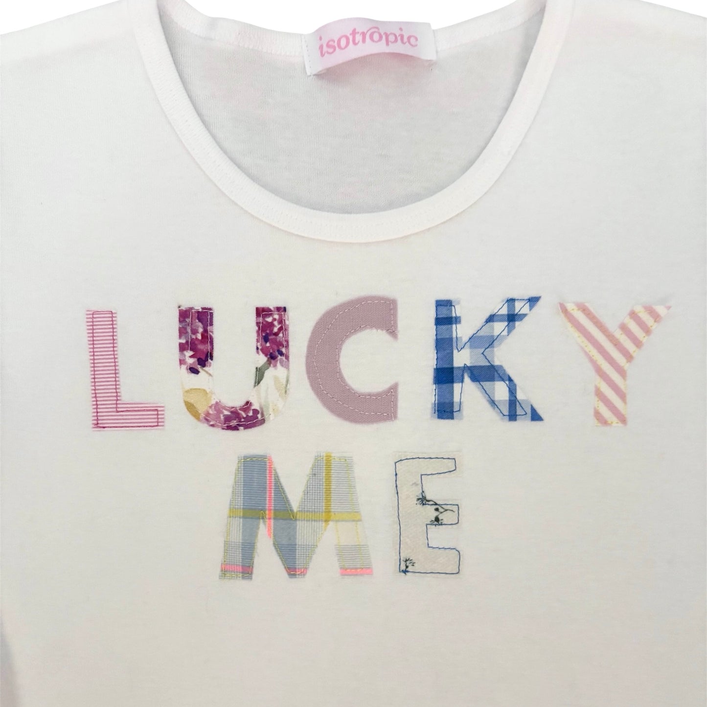 white lucky me patchwork baby tee