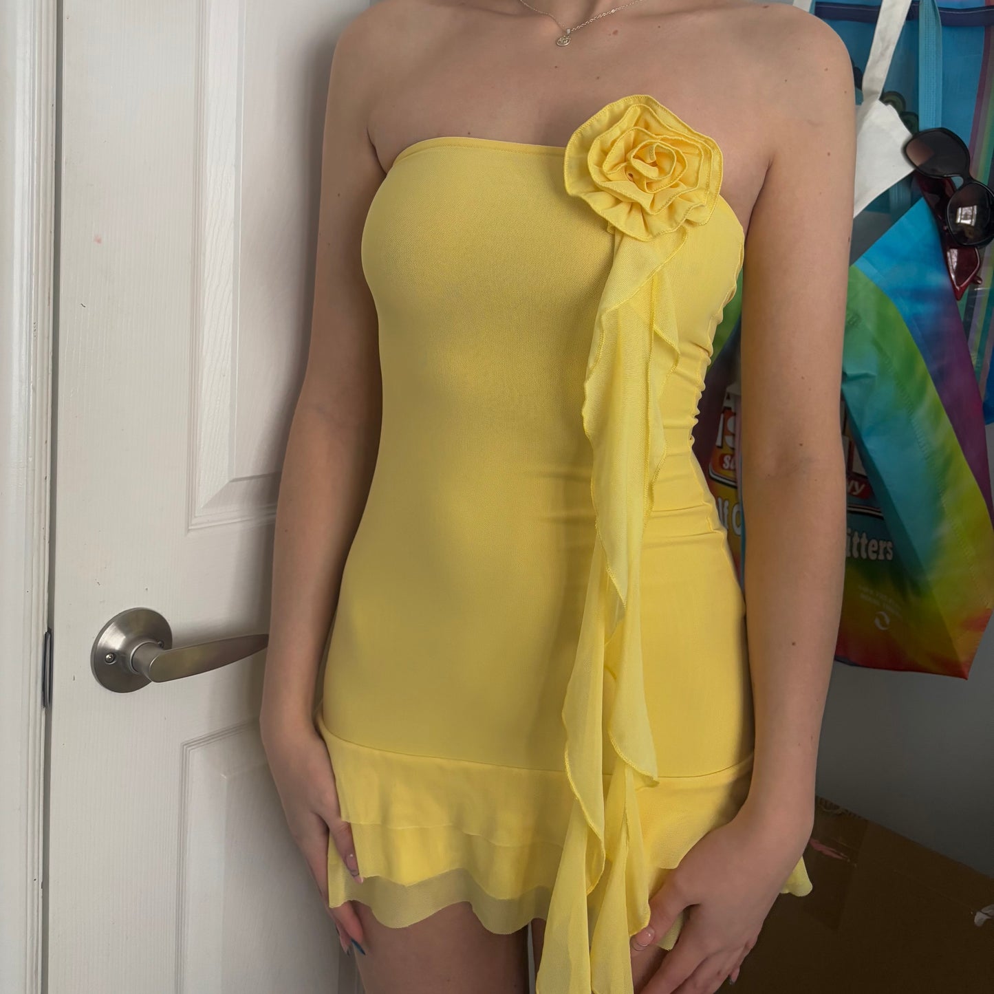 Edikted Yellow Thalia Flower Pin Ruffle Mini Dress