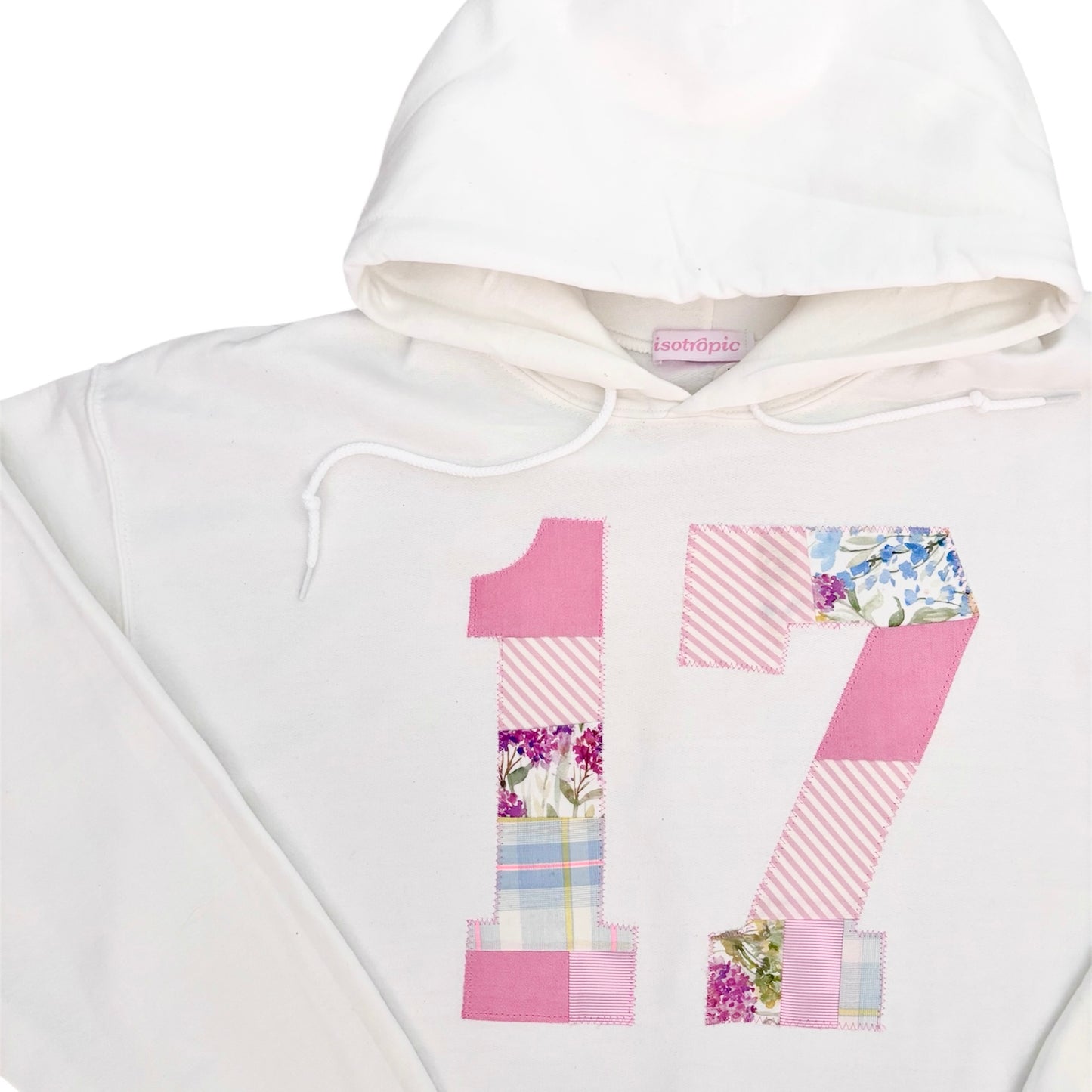 pink pattern seventeen patchwork white hoodie