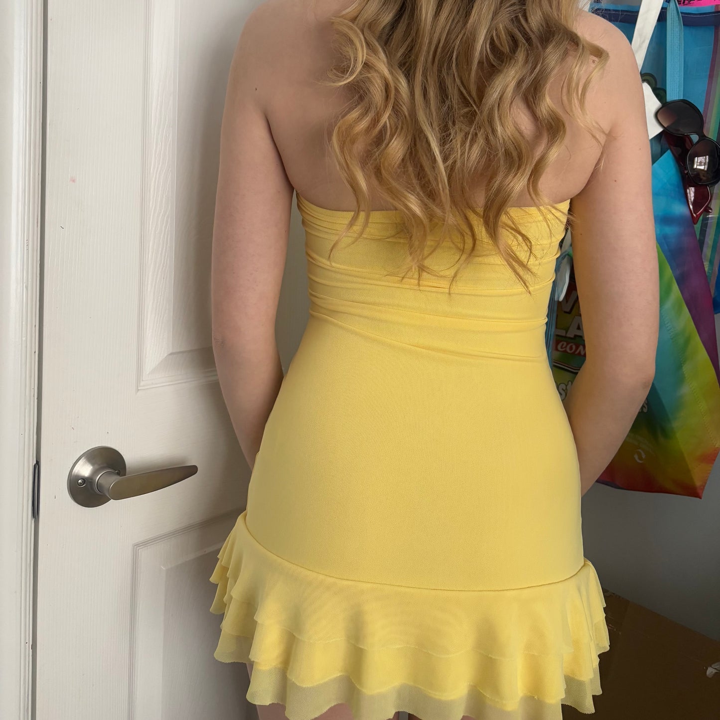 Edikted Yellow Thalia Flower Pin Ruffle Mini Dress