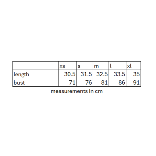 Table showing measurements in centimeters for XS, S, M, L, and XL sizes.
