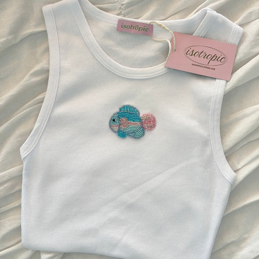 fish beaded embroidery ribbed tank top