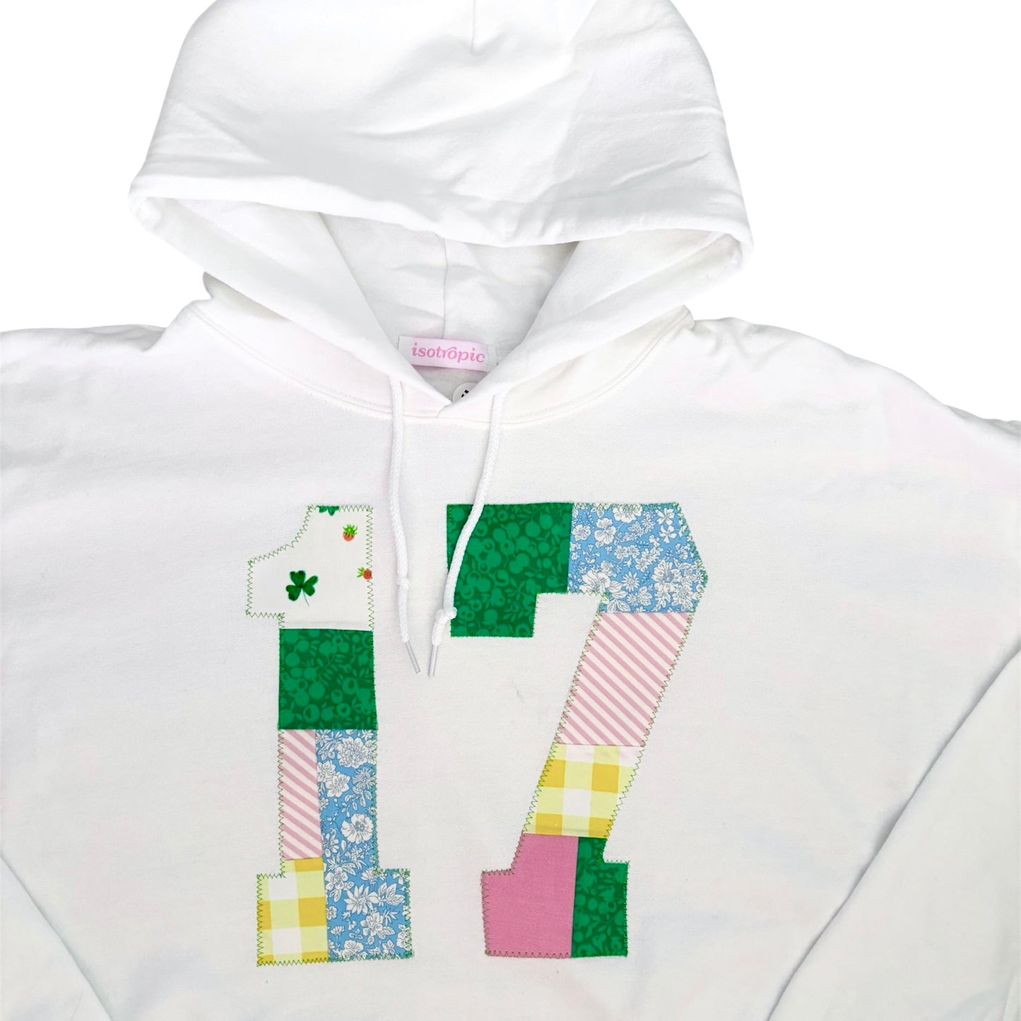 colourful patterned seventeen patchwork white hoodie