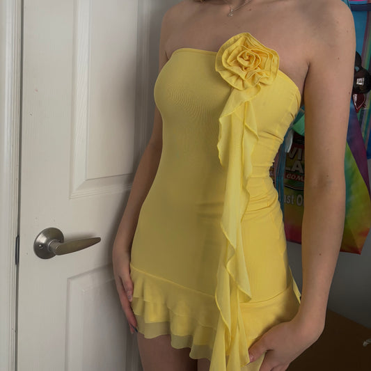 Edikted Yellow Thalia Flower Pin Ruffle Mini Dress