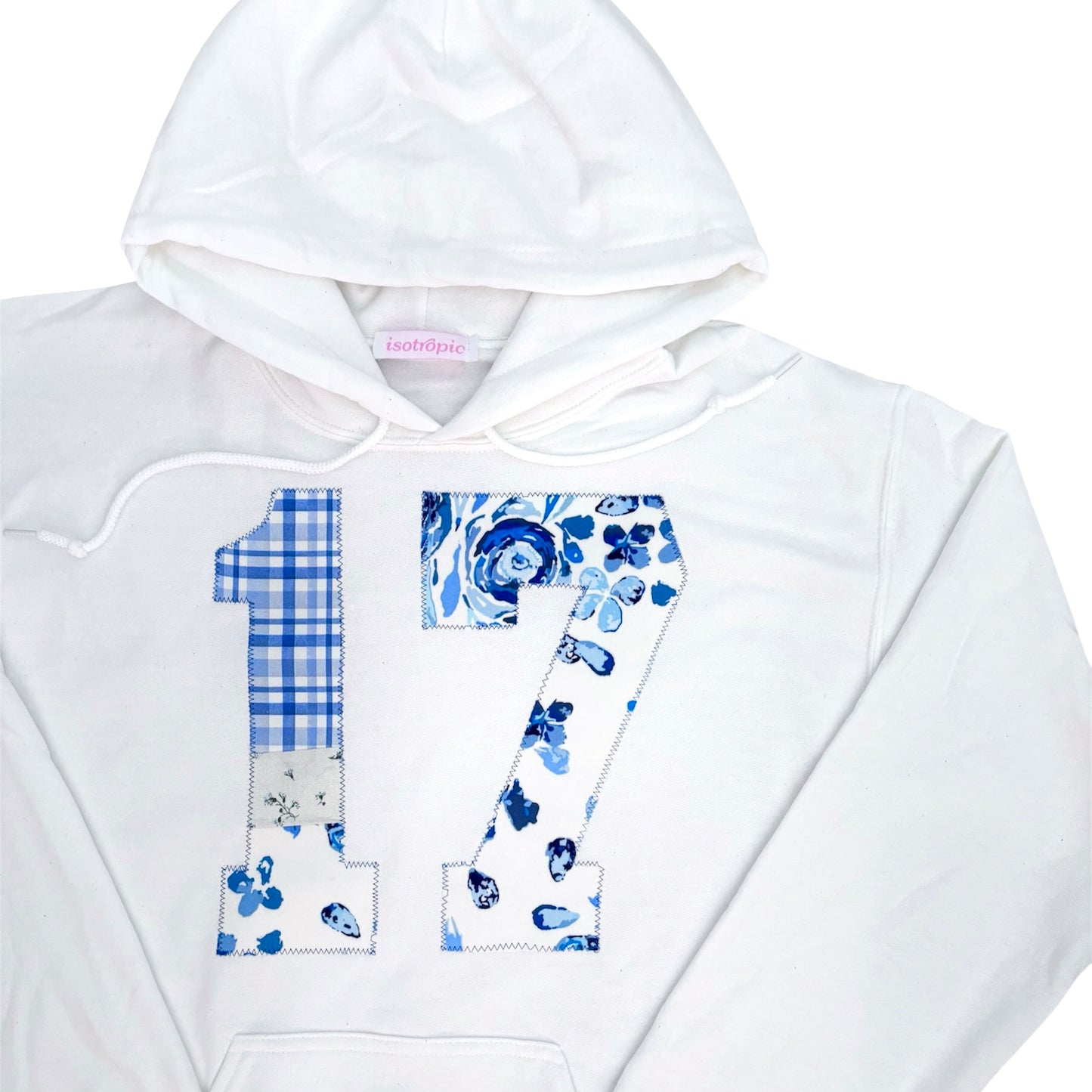 blue floral seventeen patchwork white hoodie
