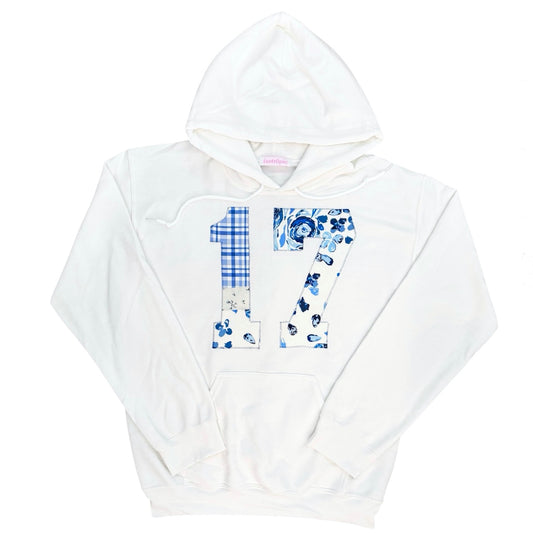 blue floral seventeen patchwork white hoodie