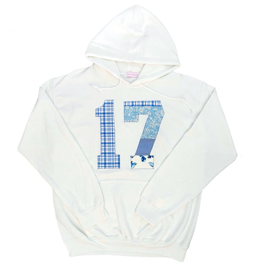 blue themed seventeen patchwork white hoodie