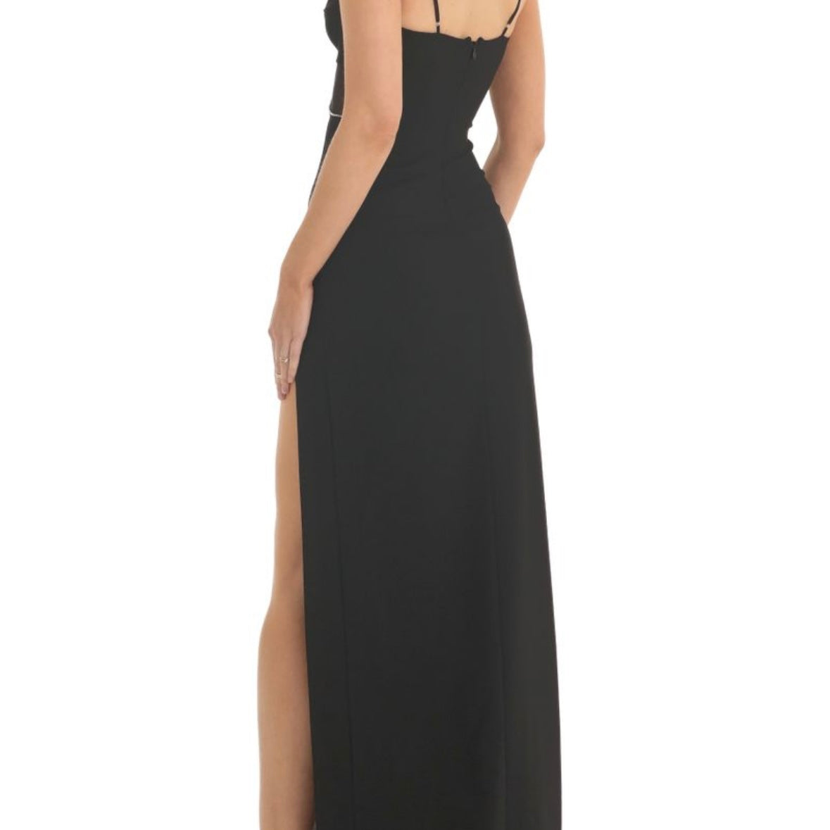 Rhinestone Crepe Cutout Maxi Dress in Black Lucy in the Sky