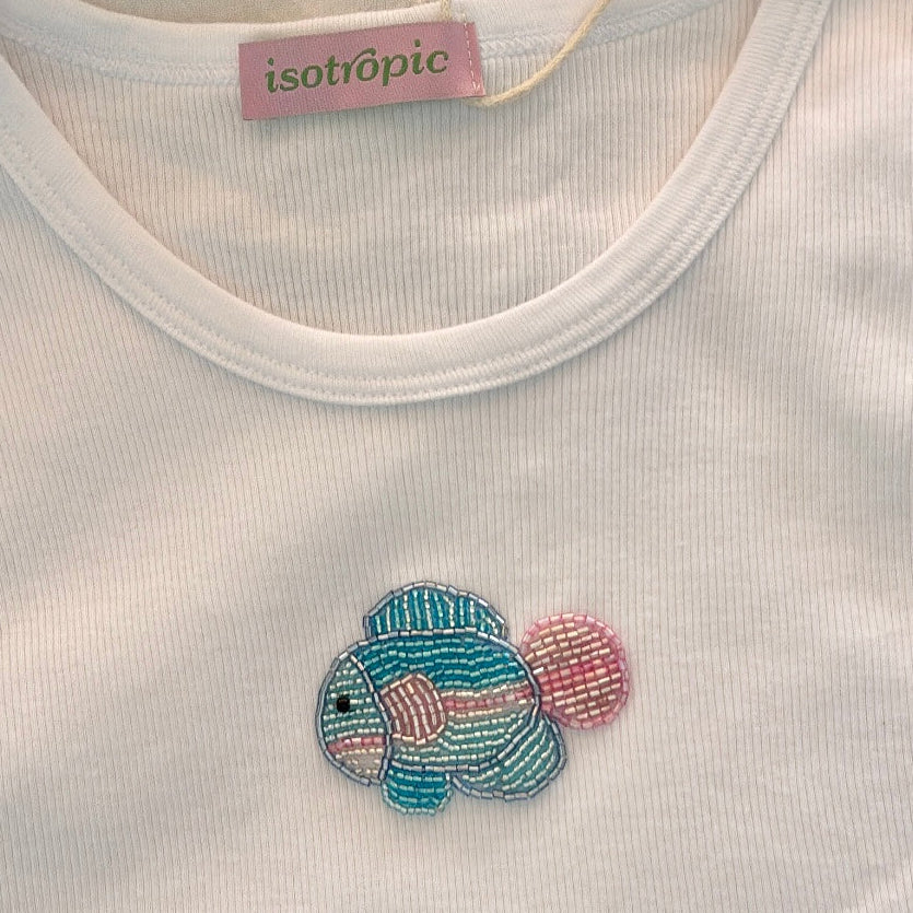 fish beaded embroidery ribbed tank top