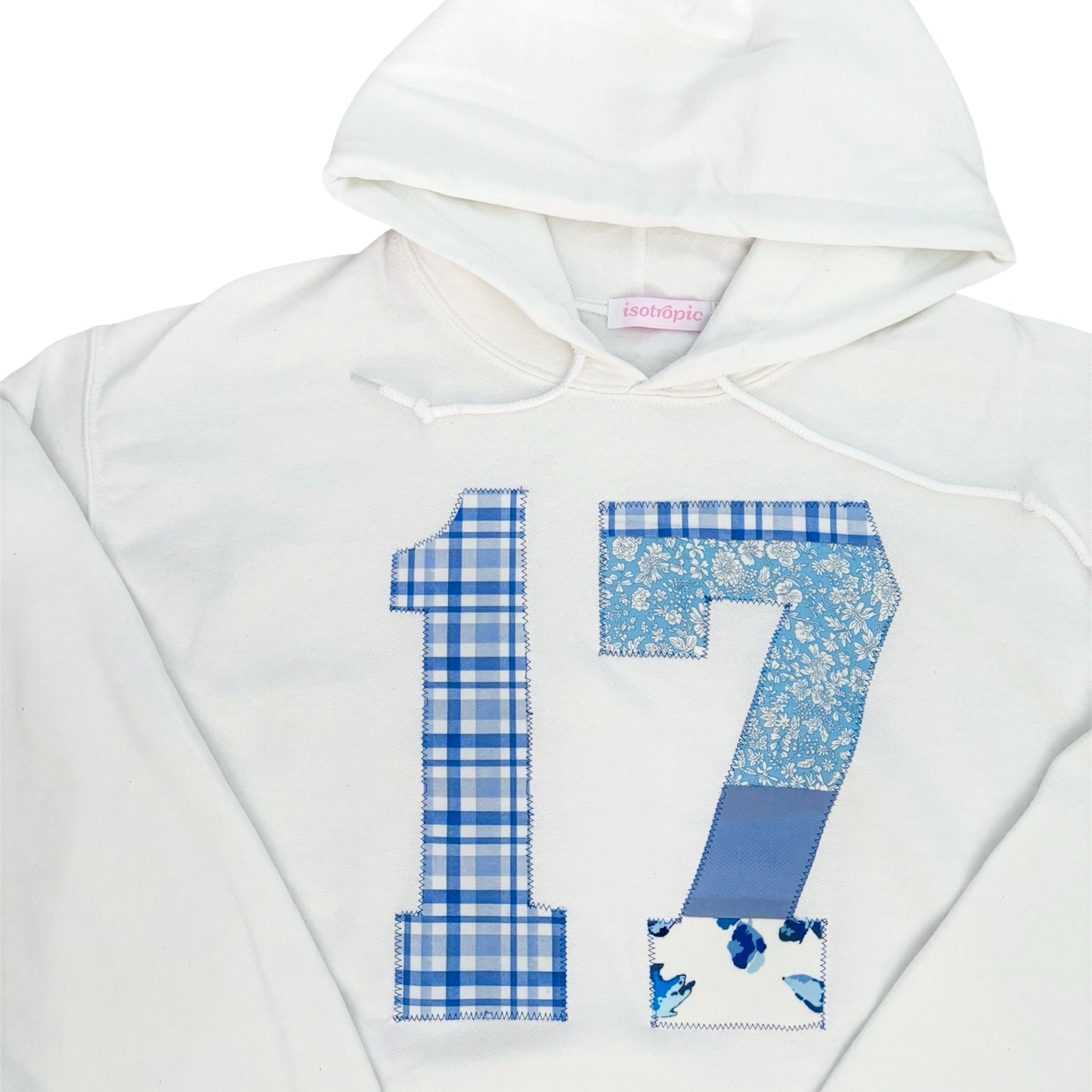 blue themed seventeen patchwork white hoodie