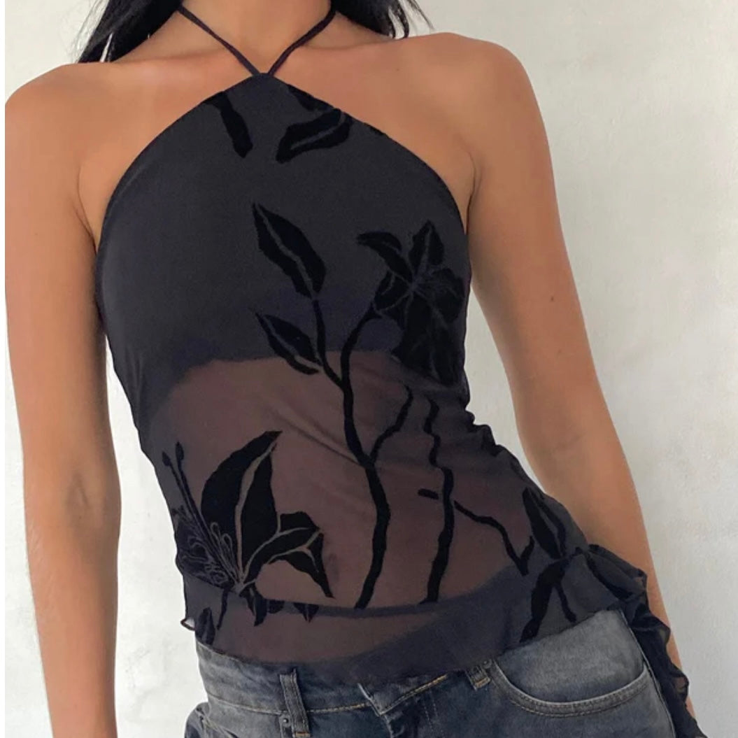 Arabella Halterneck Top In Orchids Flock Black