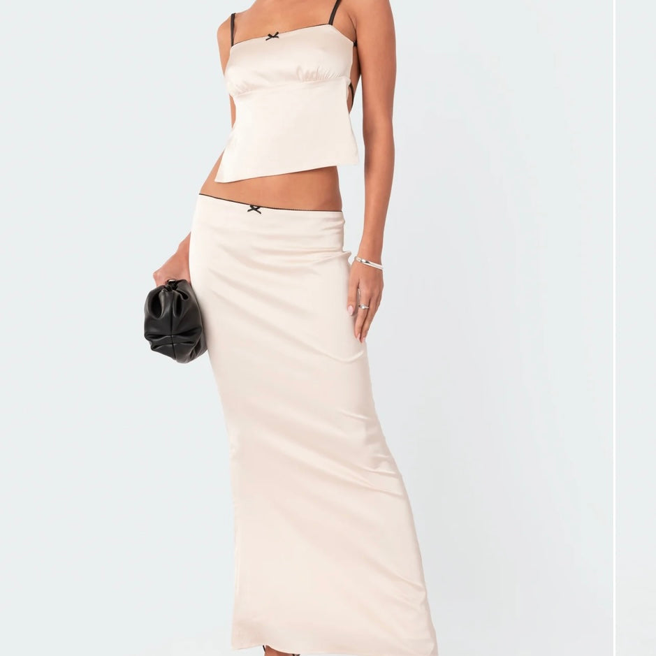 Satin Back Slitted Low Rise Maxi Skirt and Open Back Tank Top Set