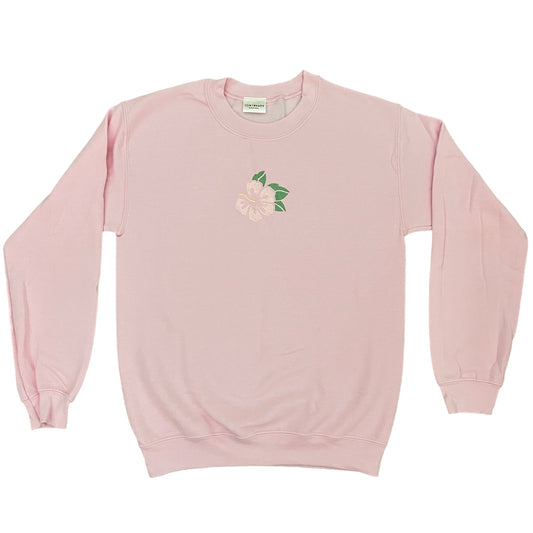 pink embroidered hibiscus flower crewneck
