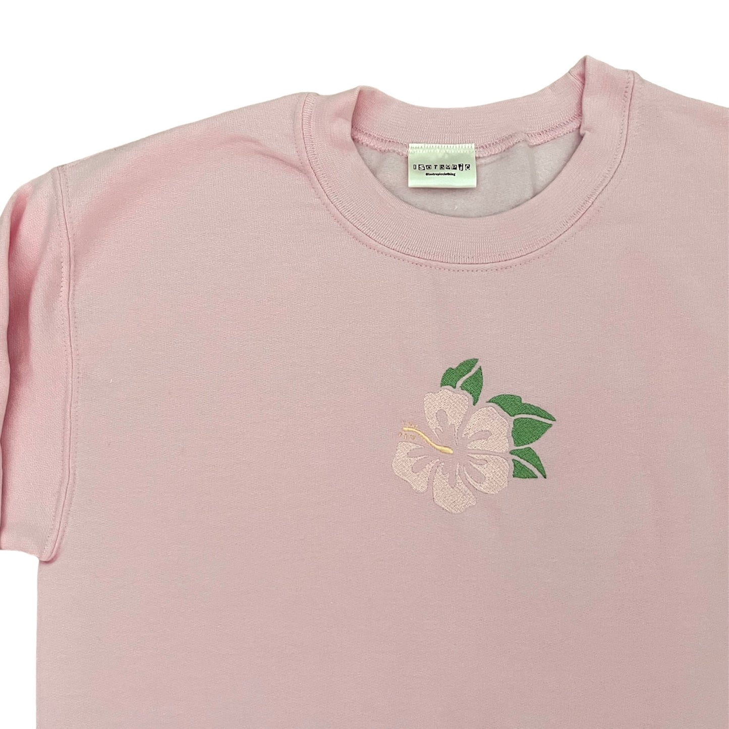 pink embroidered hibiscus flower crewneck