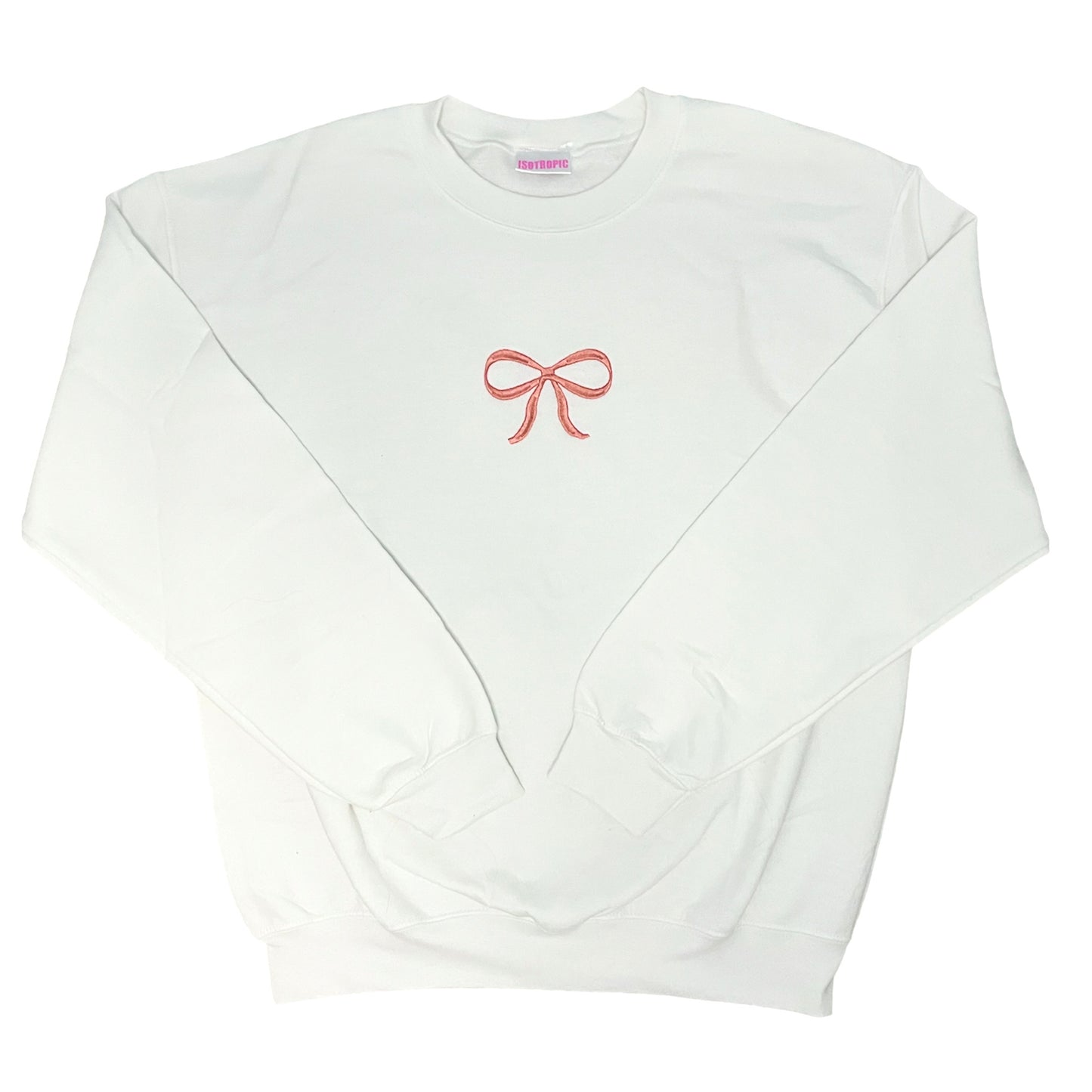 white crewneck with coral pink bow