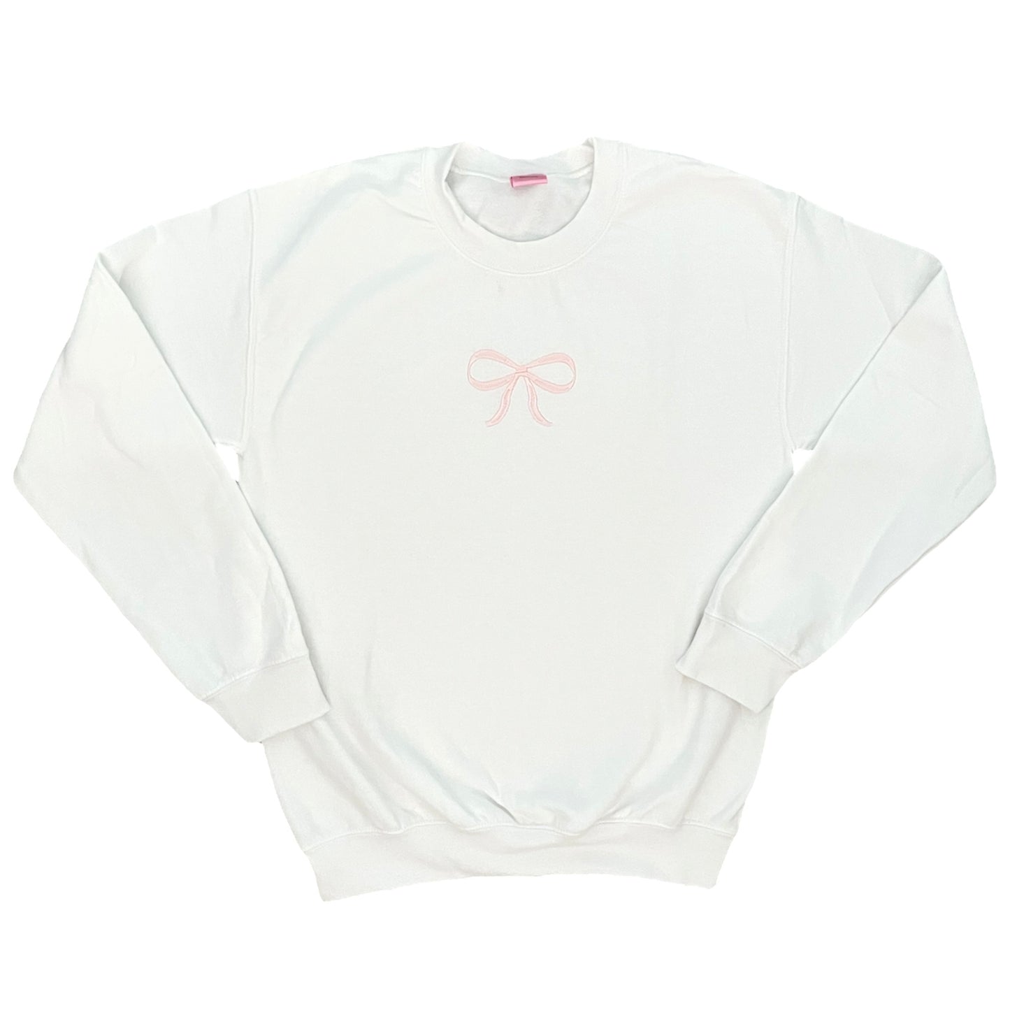 light pink and white embroidered bow crewneck