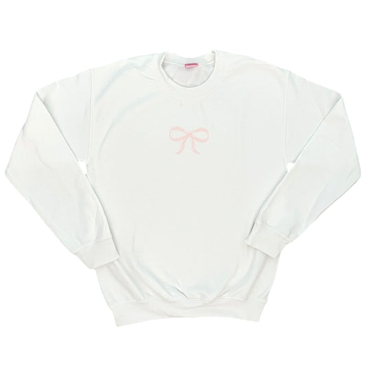 light pink and white embroidered bow crewneck