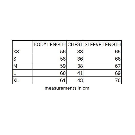 Table of clothing measurements in centimeters for different sizes.
