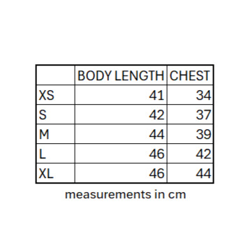Table showing body length and chest measurements in centimeters for different size categories.
