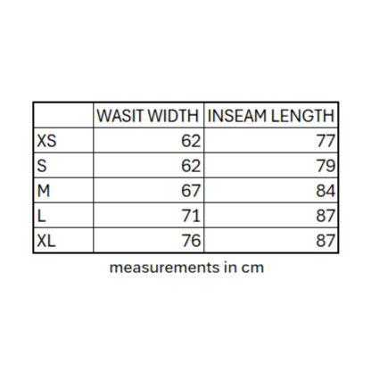 Measurement chart for waist width and inseam length in centimeters with size labels.