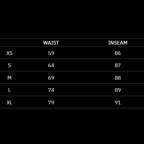 A size chart table on a black background showing waist and inseam measurements forXS, S, M, L, and XL.