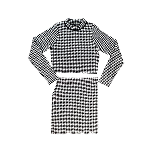 black + white patterned top + skirt set